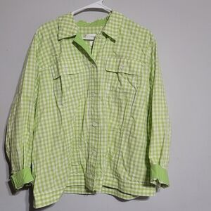 Womens 2X Lime‎ Green White Gingham Checked Button Up Shirt Jacket CJ Banks